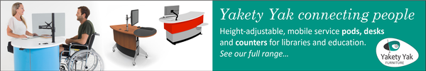 Ad for Yakety Yak. Yakety Yak connecting people. Height-adjustable, mobile service pods, desks, and counters for libraries and education. See our full range.